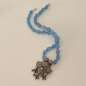 Silver and Blue Agate Beaded Pendant Necklace